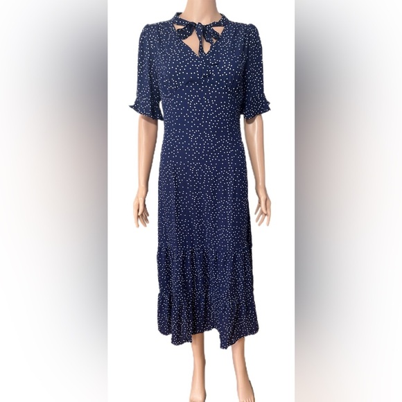 RHOAS Dress M Navy Polka Dot Midi  Tie Neck Ruffle Sleeve Chiffon - Picture 1 of 9